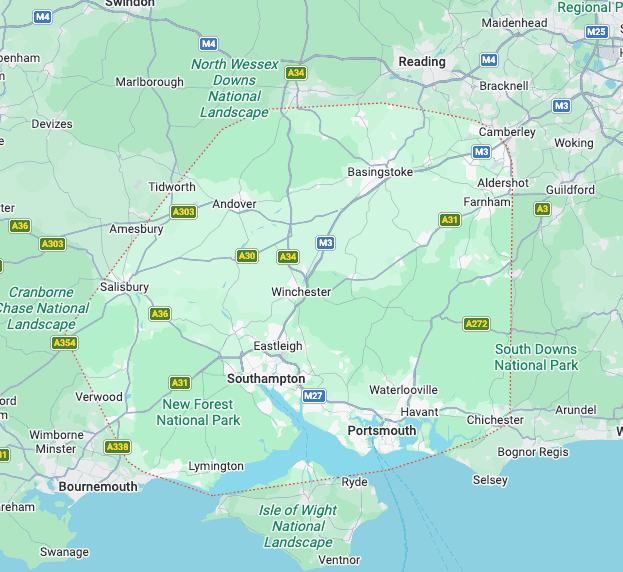 Map of the Hampshire areas served by C J Roofing & Renewables, covering Southampton, Winchester, Basingstoke and Portsmouth.