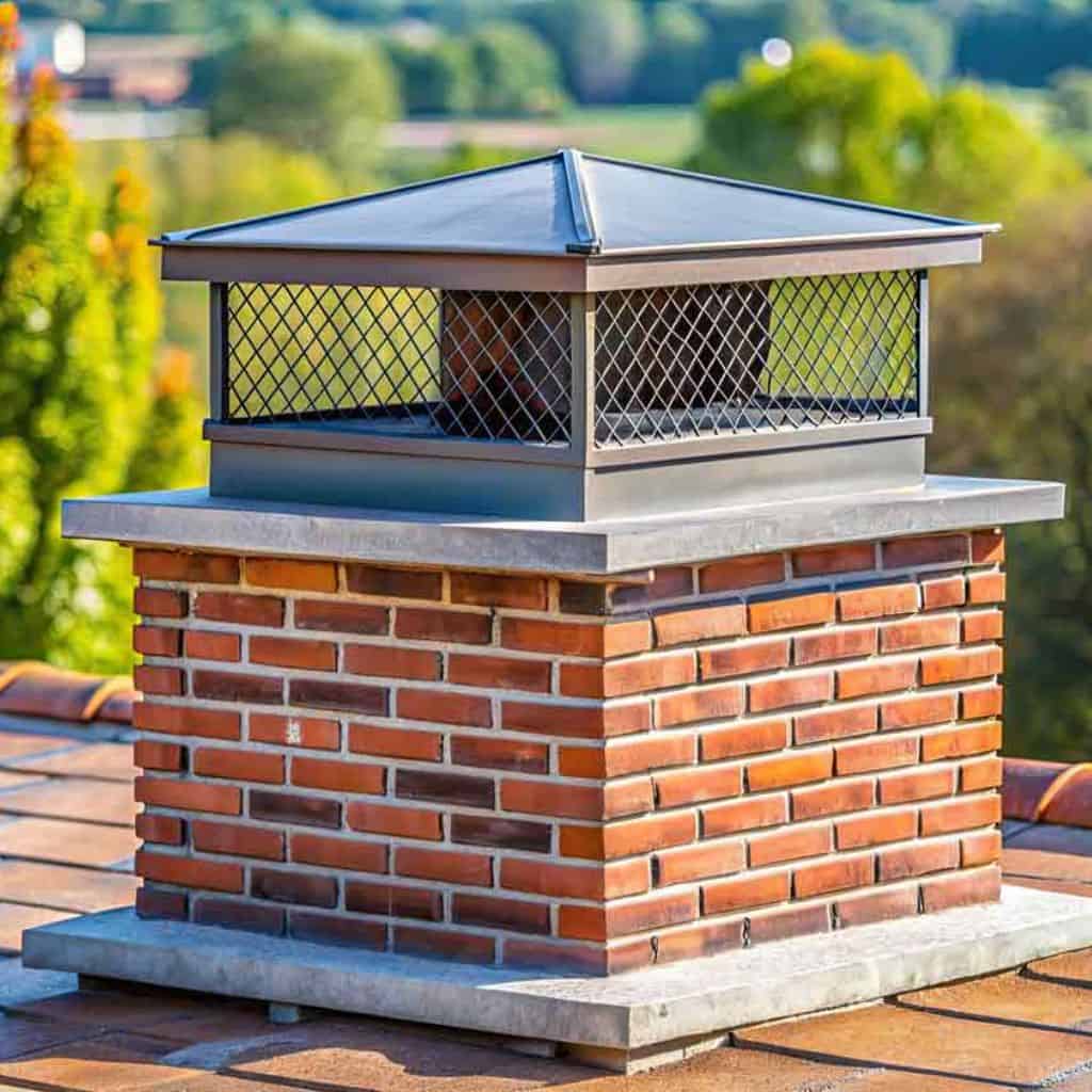 Brick chimney stack on a tiled roof fitted with a metal mesh chimney cap and pitched cover against a rural backdrop.