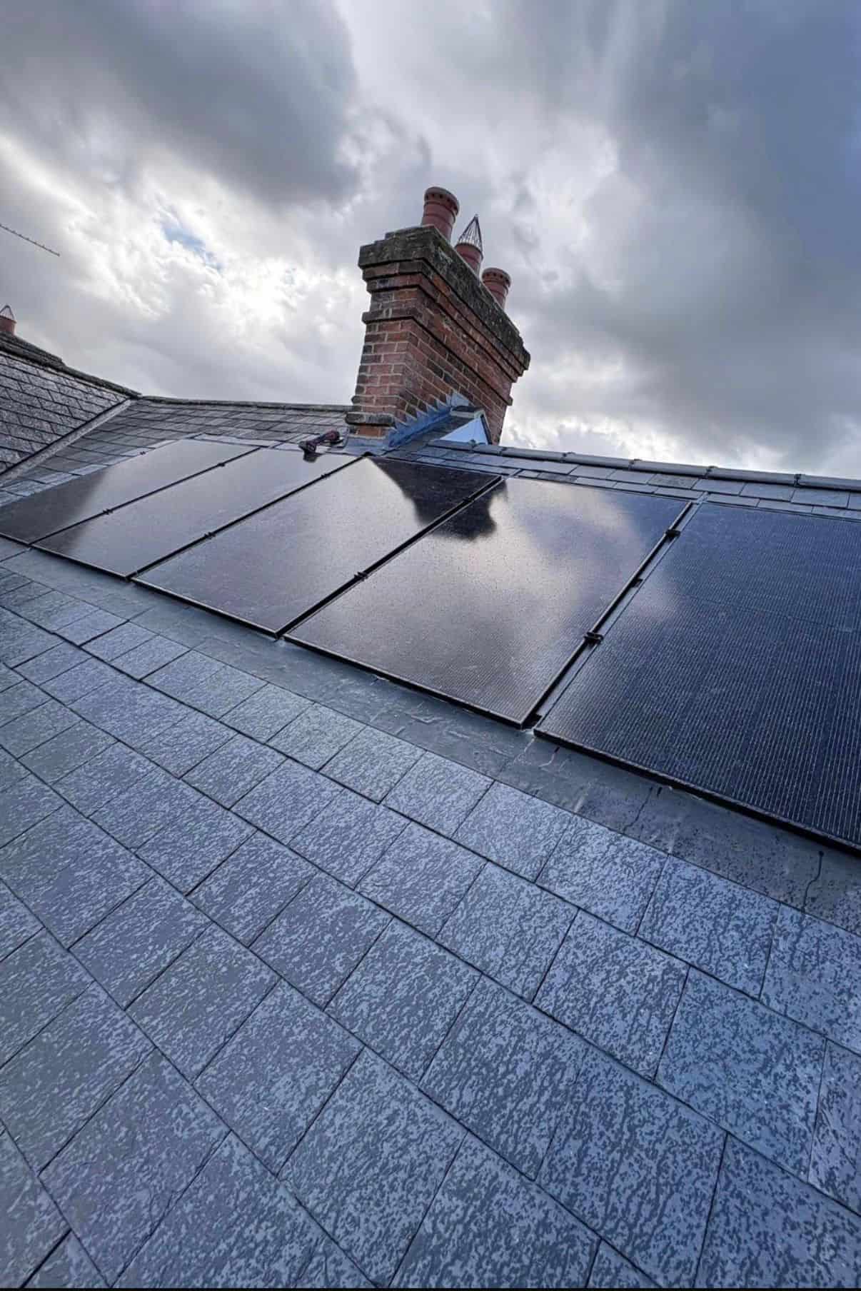 Aerial view of a grey felt flat roof bordered by tiled pitched roofs, overlooking a garden with a shed and greenhouse.