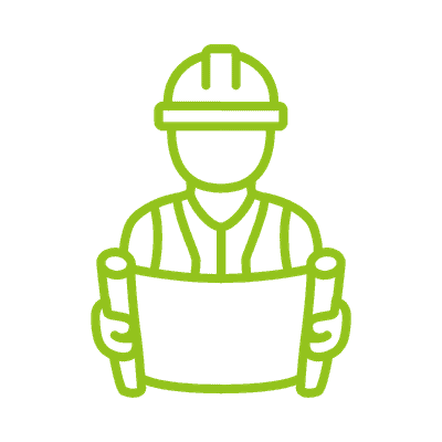 Green line icon of a builder in a hard hat holding open a set of plans, conveying roofing experience.