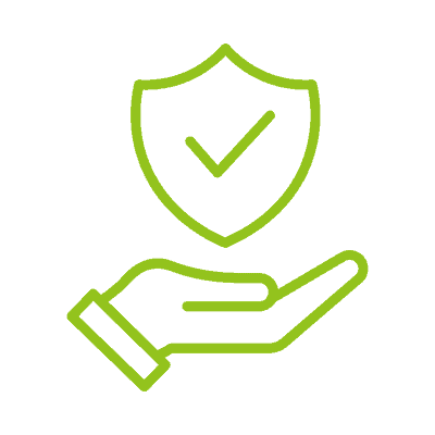 Green line icon of an open hand holding a shield with a tick, symbolising a workmanship guarantee.