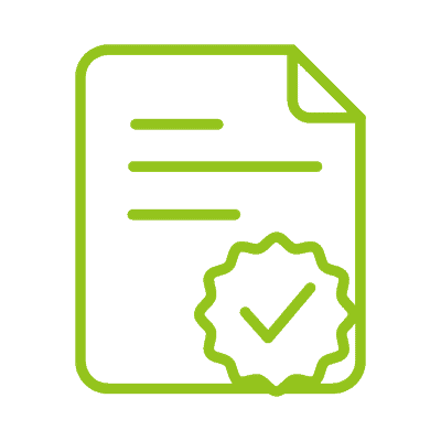 Green line icon of a document with a rosette and tick mark, representing public liability insurance cover.