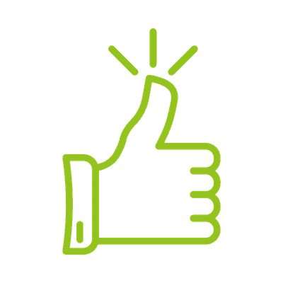 Green line-drawn thumbs-up icon with small accent marks, representing customer approval and a positive review.