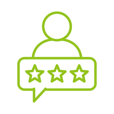Green line icon of a person above a speech bubble containing three stars, representing a customer review.