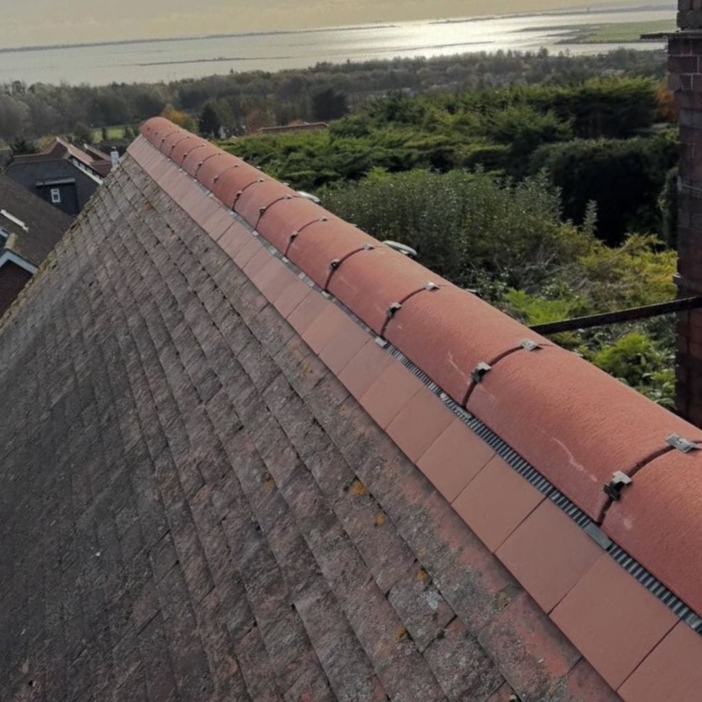 Red clay ridge tiles with a dry ridge vent strip running along the apex of a weathered concrete tile roof, sea view beyond.