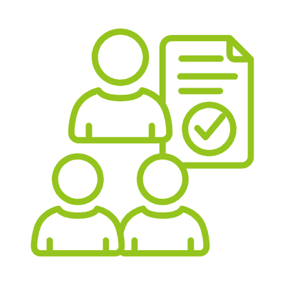 Green line-art icon of three people beside a document with a tick, representing a roofing team.