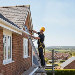 Worker on ladder repairing roof with power drill on brick house.