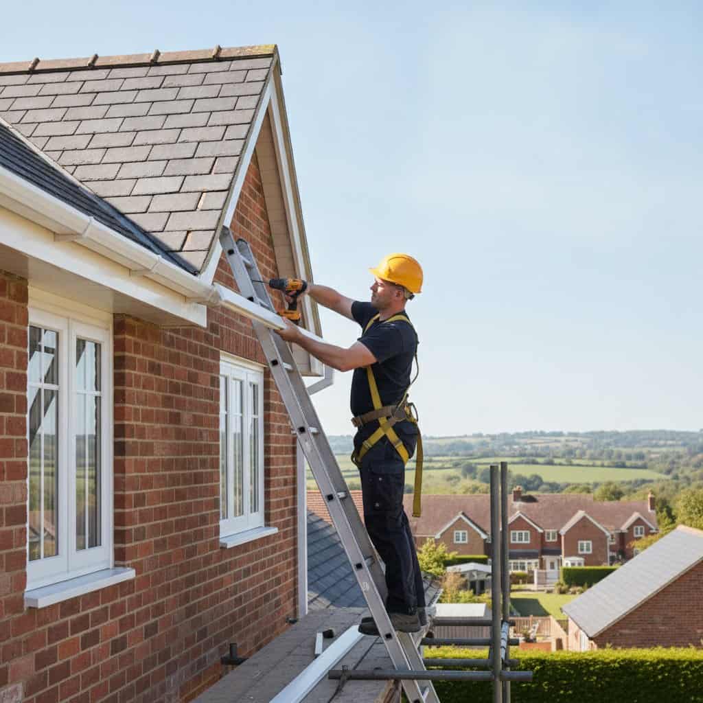 Worker on ladder repairing roof with power drill on brick house.