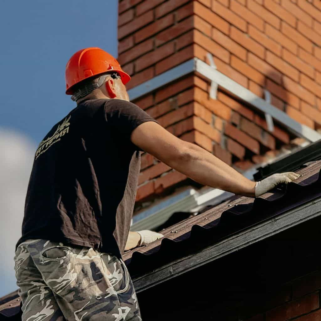 Roofer in an orange helmet on a ladder inspecting a red brick chimney stack beside a dark tiled roof edge.