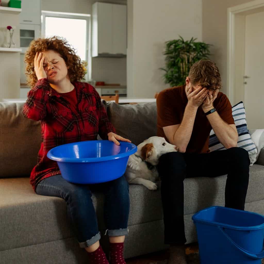 Distressed couple and a dog on a sofa, the woman holding a blue bowl with a second bucket on the floor for a roof leak.