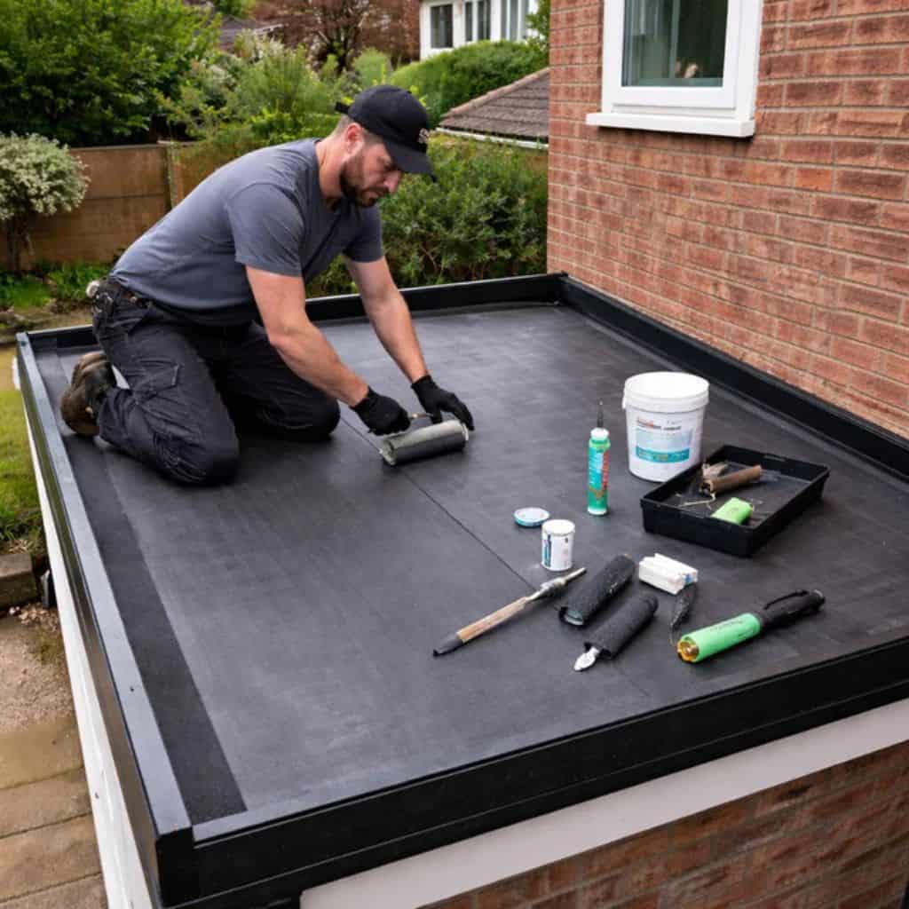 Roofer in a cap kneeling on a black EPDM rubber flat roof, applying adhesive beside tools and a tin of primer.