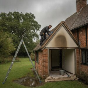 Roof cleaning and maintenance on a small extension with a ladder nearby.
