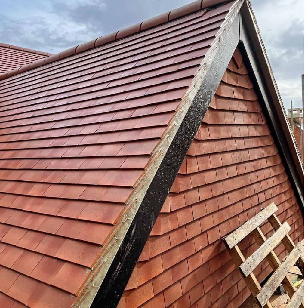 Red clay tile roof apex with black fascia boards along the gable and a timber ladder propped against it.