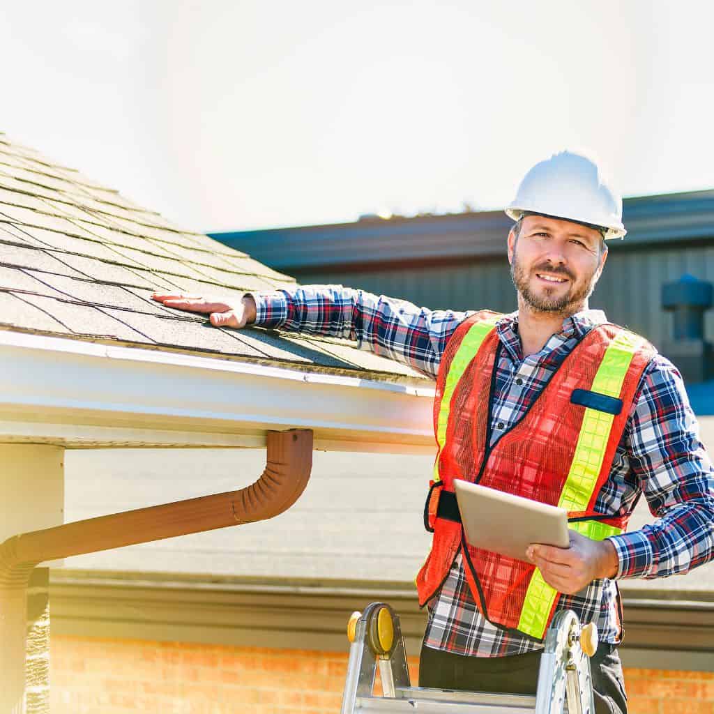 Smiling roofer in a white hard hat and hi-vis vest resting a hand on an asphalt shingle roof edge while holding a tablet.