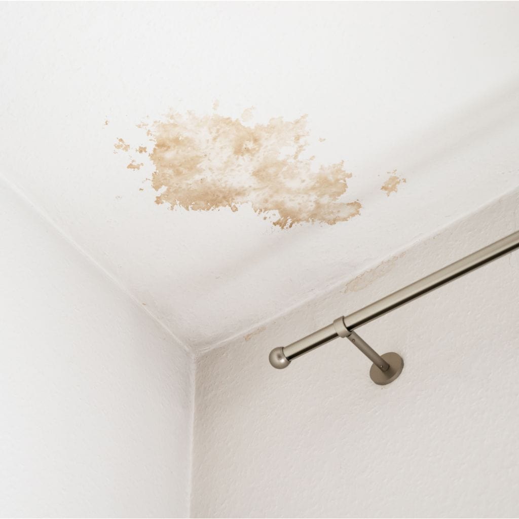 Brown water stain spreading across a white ceiling in the corner of a room near a curtain rail.