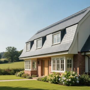 Pitched roof with slate tiles and dormer windows on a UK home.