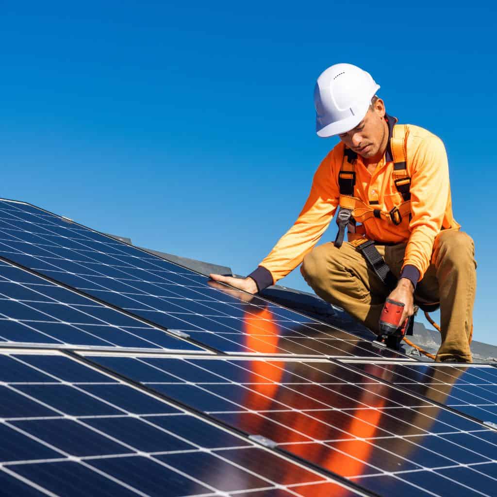 Roofer in a hard hat and orange top with a harness kneeling to drill and secure blue solar panels under a clear sky.