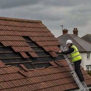 Roofing professional inspecting tiled roof with ladder in UK.