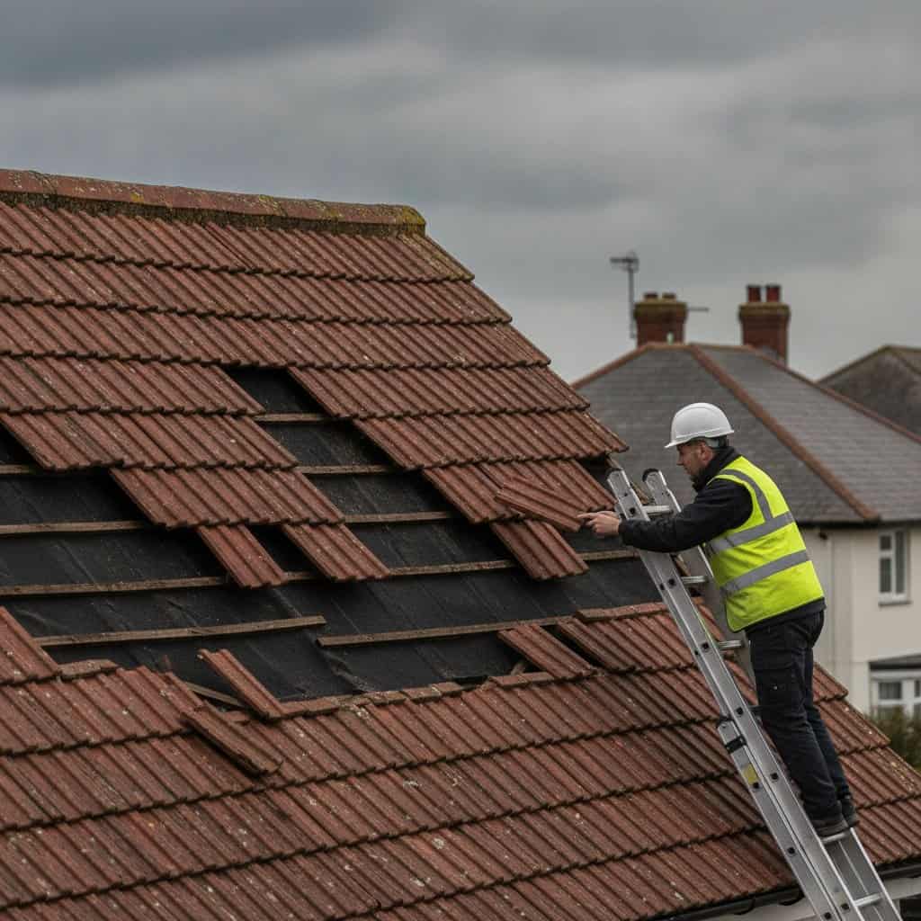 Roofing professional inspecting tiled roof with ladder in UK.