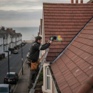 Roof inspection using thermal imaging camera on a pitched roof in UK.