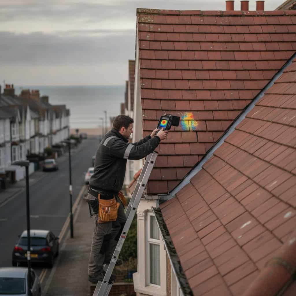 Roof inspection using thermal imaging camera on a pitched roof in UK.