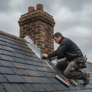 Roof repair with a worker sealing slate tiles on a pitched roof.