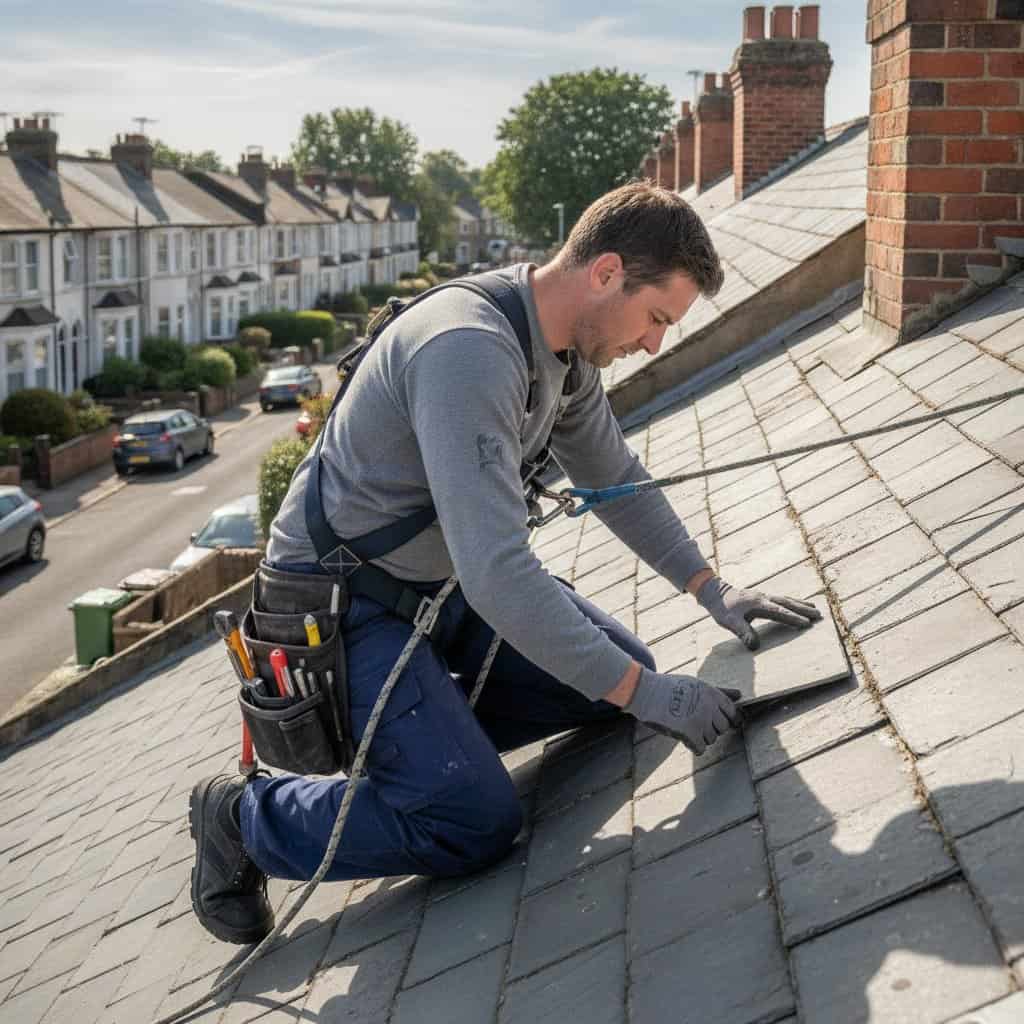 Roofing professional inspecting slate roof tiles on residential property.
