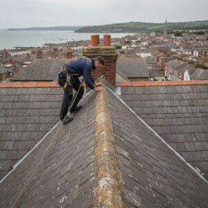 Roofer inspecting a slate roof on a residential property in the UK.