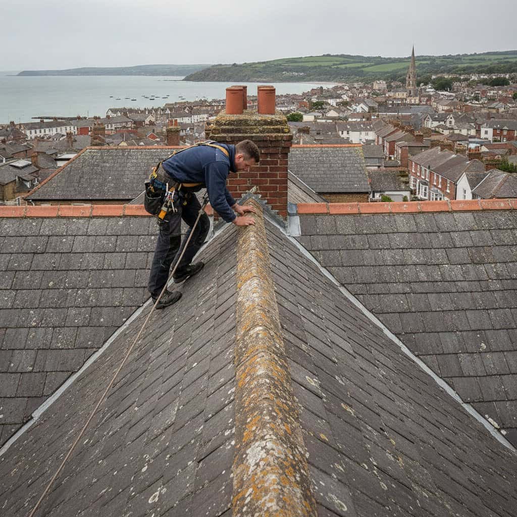 Roofer inspecting a slate roof on a residential property in the UK.