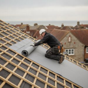 Worker installing roofing felt on a pitched roof in a residential area.
