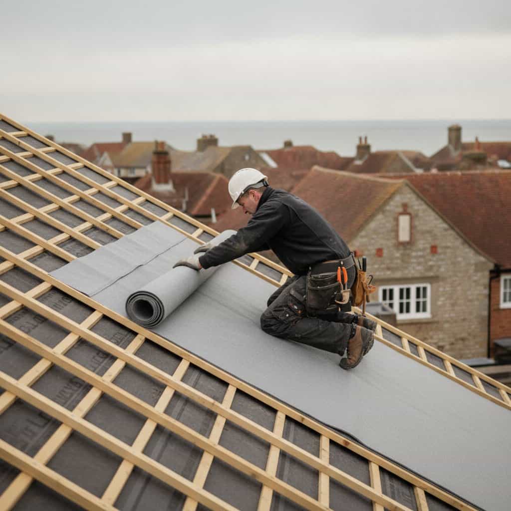 Worker installing roofing felt on a pitched roof in a residential area.