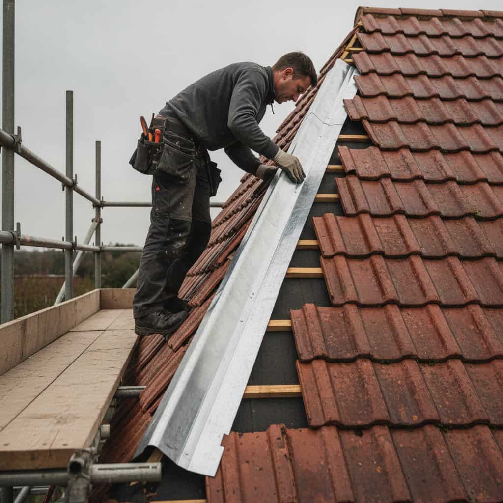 Roofing worker installing metal flashing on tiled roof in UK.