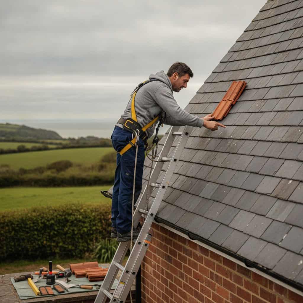 Roof repair worker inspecting slate roof with tiles and ladder.