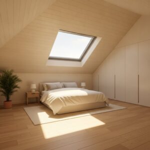 Bright attic bedroom with skylight and minimalist decor.