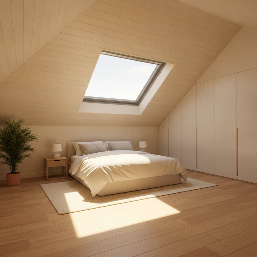 Bright attic bedroom with skylight and minimalist decor.