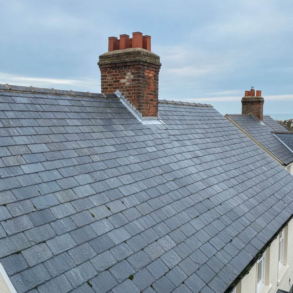 Slate tiled roof with brick chimney on a UK home.