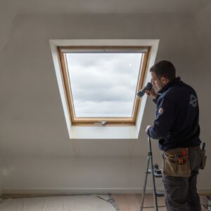 Man using a telescope to inspect a roof skylight from inside the attic.
