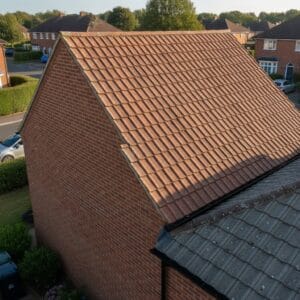 Close-up of a red tiled pitched roof on a UK home.