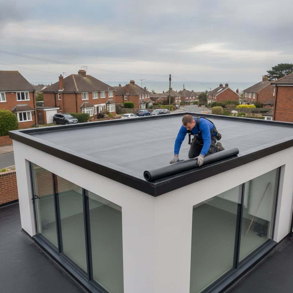 Worker installing a flat roofing membrane on a modern flat roof.