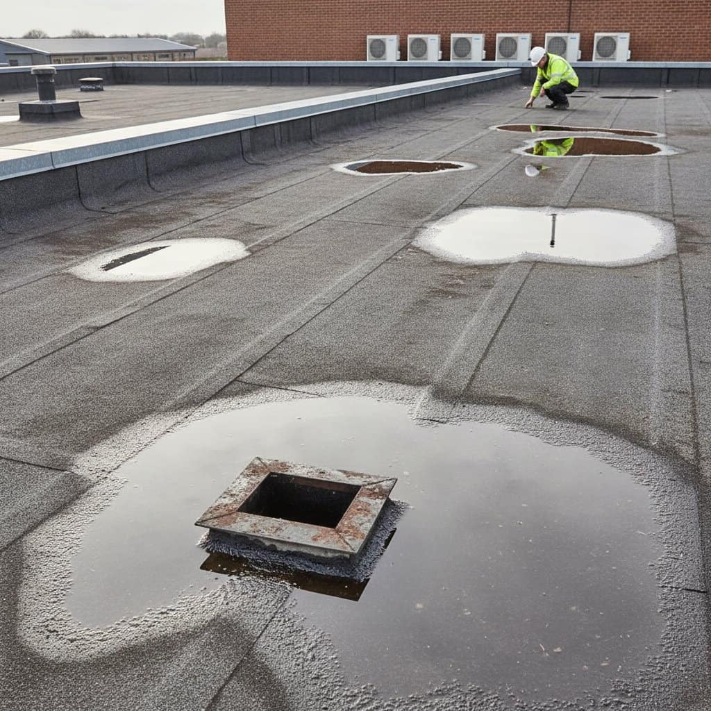 Worker inspecting flat roof with multiple waterproofing patches and drains.