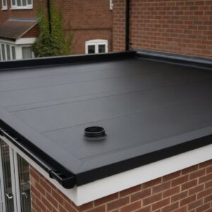 Flat roof with black EPDM roofing membrane and vent pipe.